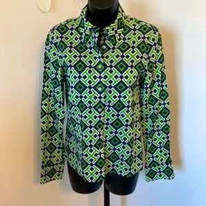Tory Burch Women’s Button Up Blouse Geometric Navy Green Size 4